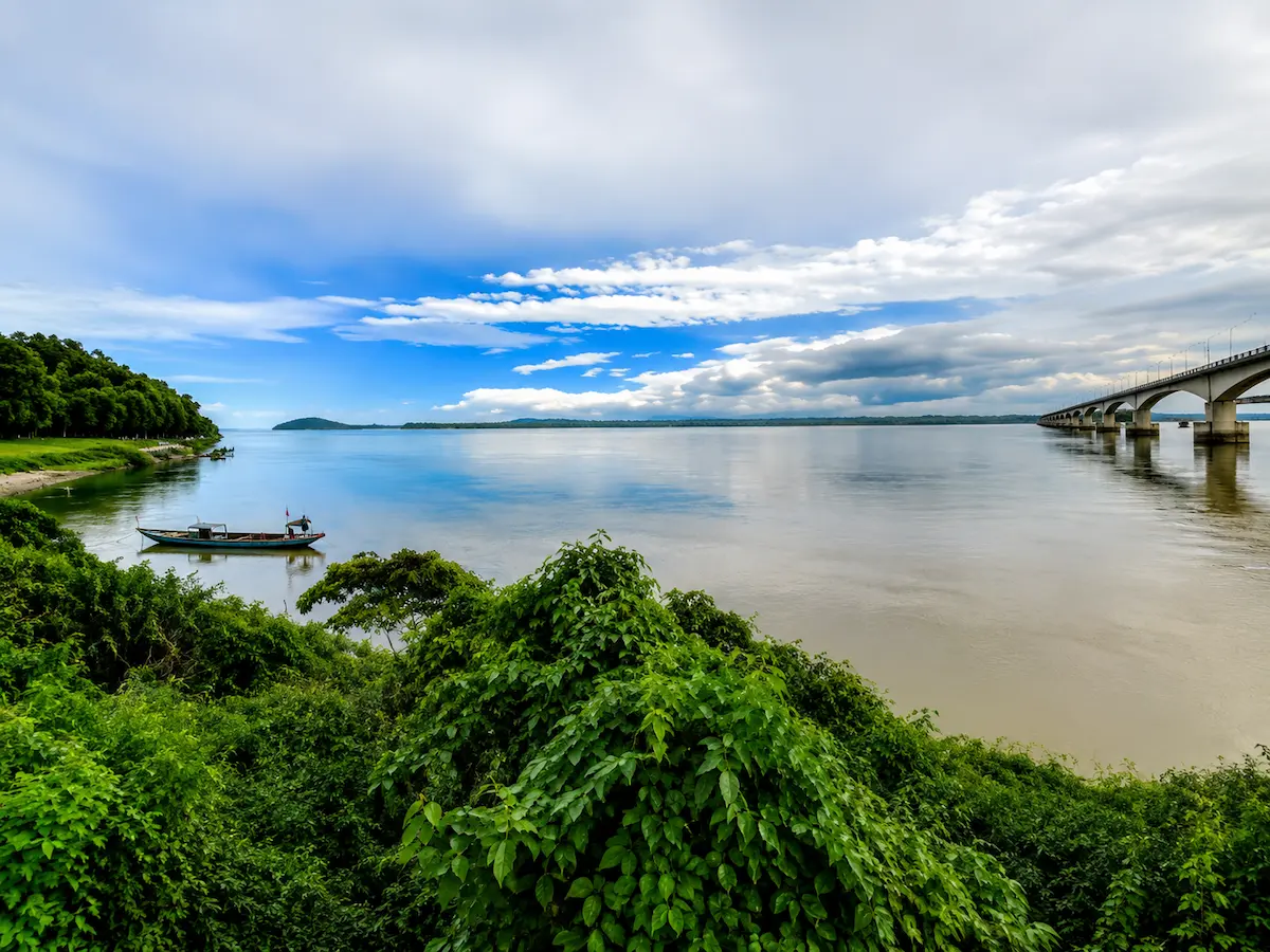 Beautiful view of the Brahmaputra River near Goswami Eco Homestay in Tezpur, Assam.
