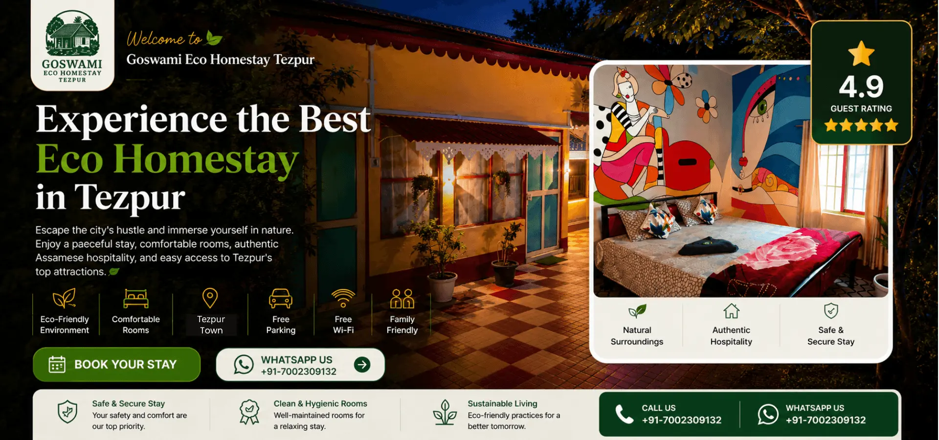 Goswami Eco Homestay in Tezpur Town offering comfortable rooms, eco-friendly accommodation, and authentic Assamese hospitality.