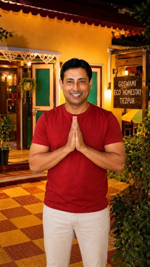 Host welcoming guests to Goswami Eco Homestay in Tezpur with warm Assamese hospitality.